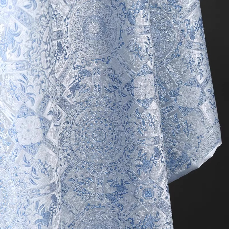 Vintage Sewing Textile - Sky Blue Jacquard Sewing Fabric Traditional