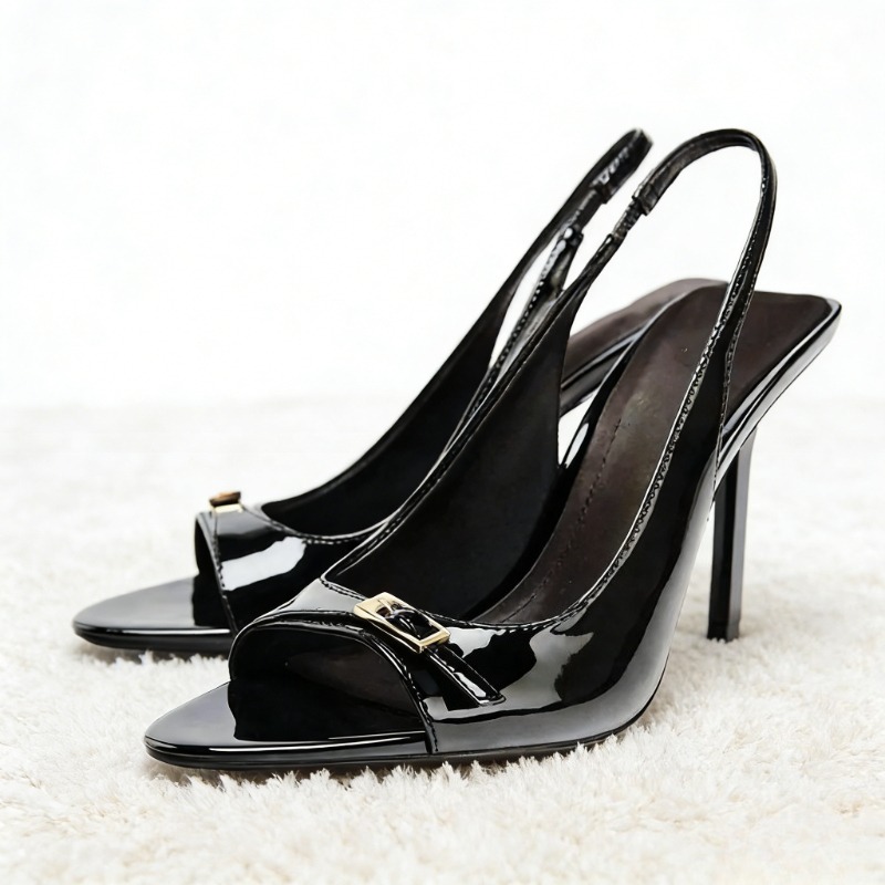 Elastic Waistband Roll - Sexy Black Patent Leather High Heeled