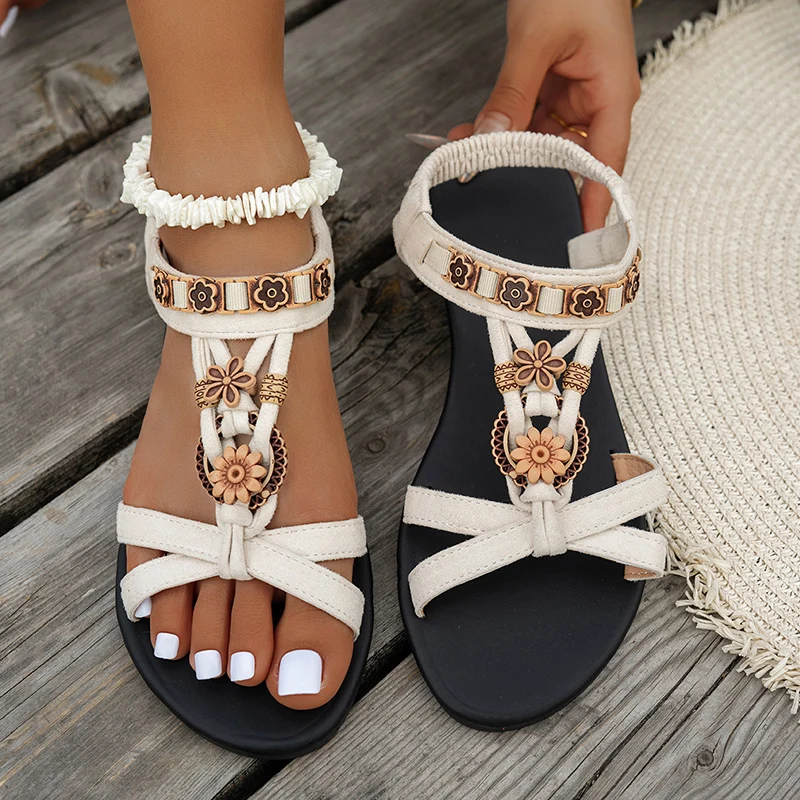 Flower Beaded Bohemian Sandals - Elastic Waistband Roll review and price